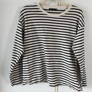 Zara Black & Cream Striped Crewneck Top Women Medium Minimalist Capsule Wardrobe